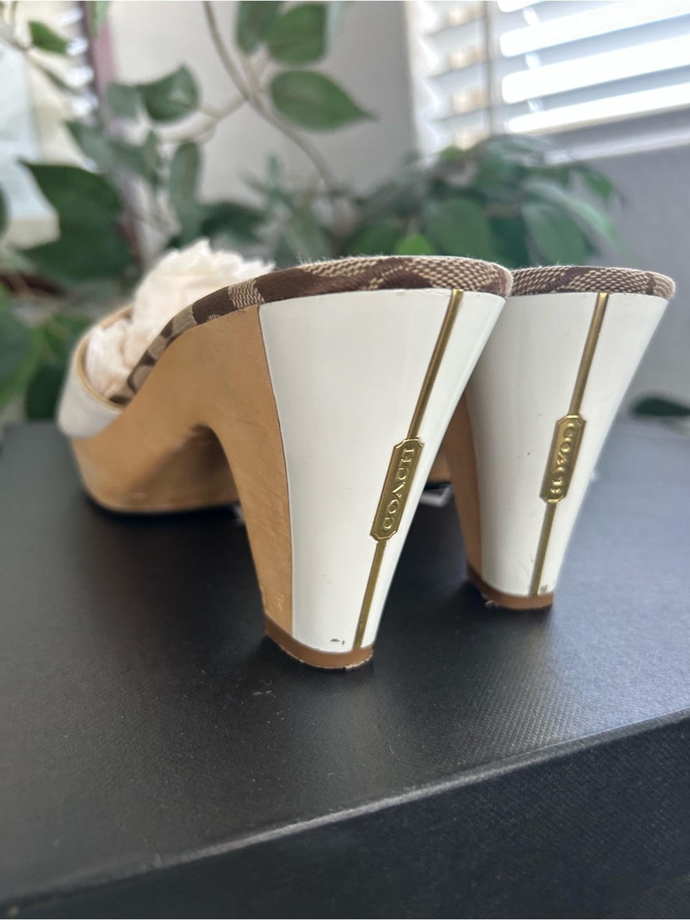 Coach White Leather and Brown Signature Logo Block Heel Mules - Picture 5 of 6